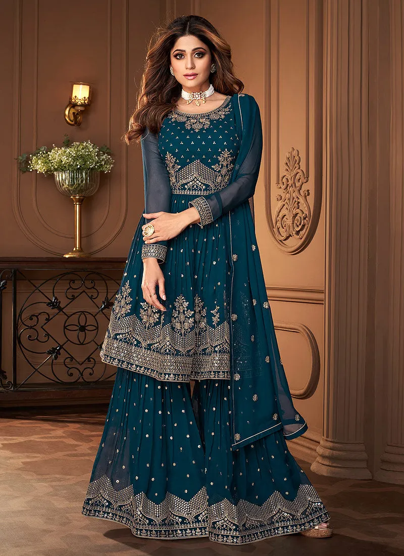Blue Golden Embroidered Designer Sharara Suit