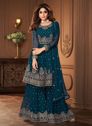 Blue Golden Embroidered Designer Sharara Suit