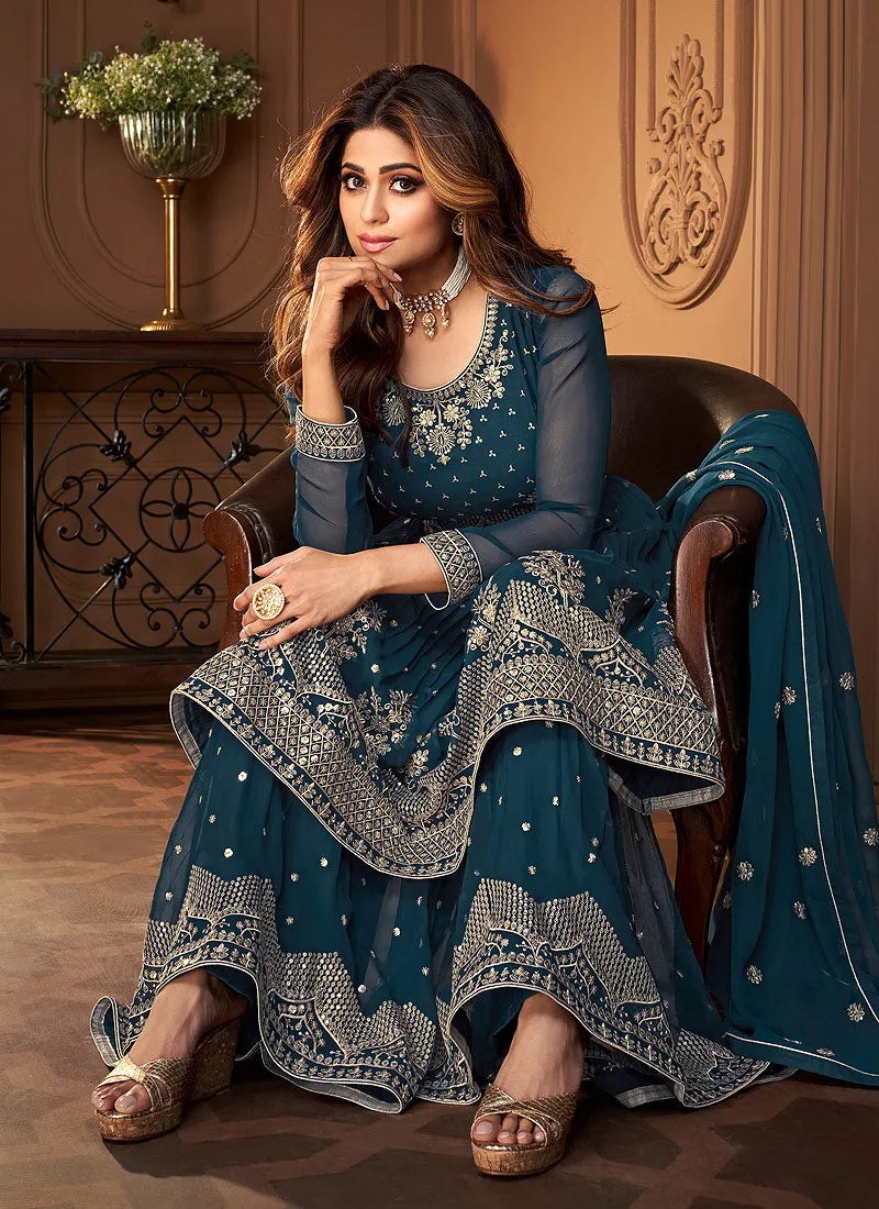 Blue Golden Embroidered Designer Sharara Suit