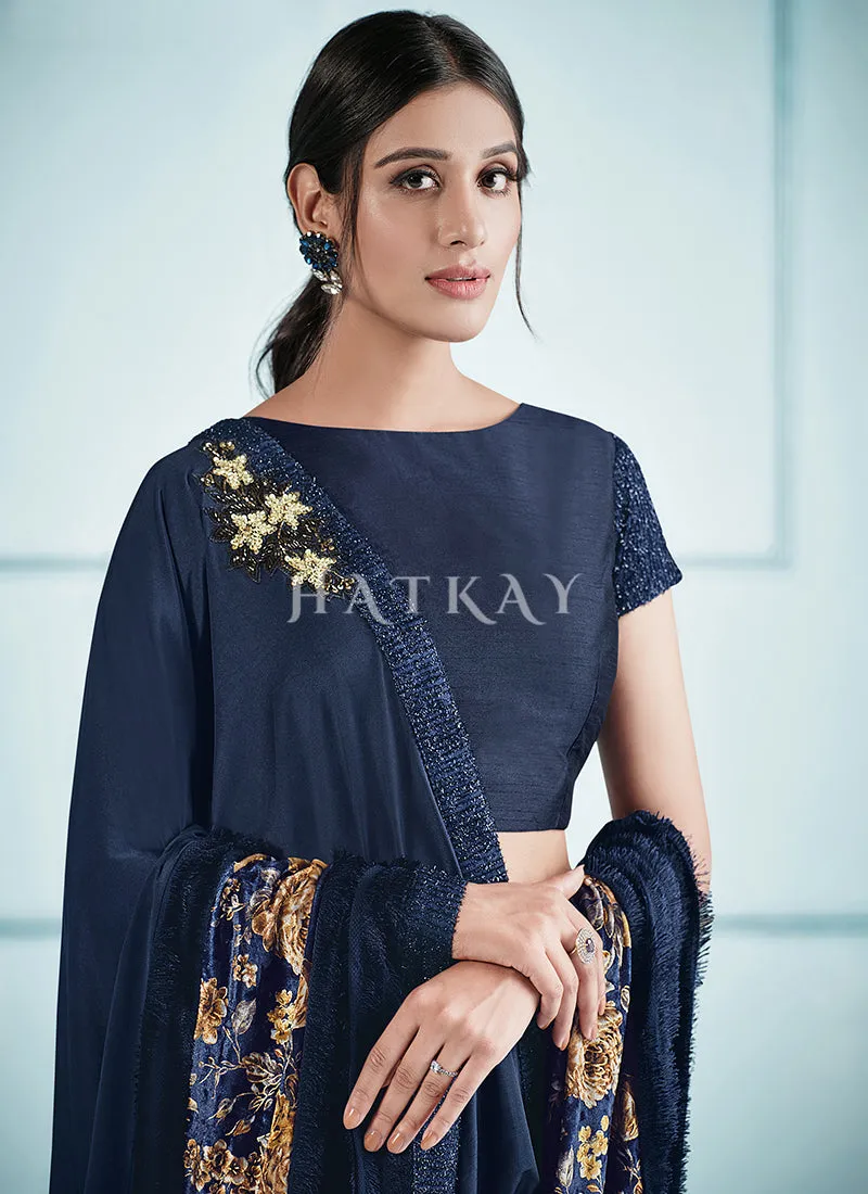 Blue Golden Embroidered Festive Saree