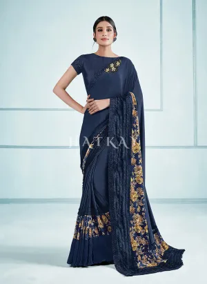 Blue Golden Embroidered Festive Saree