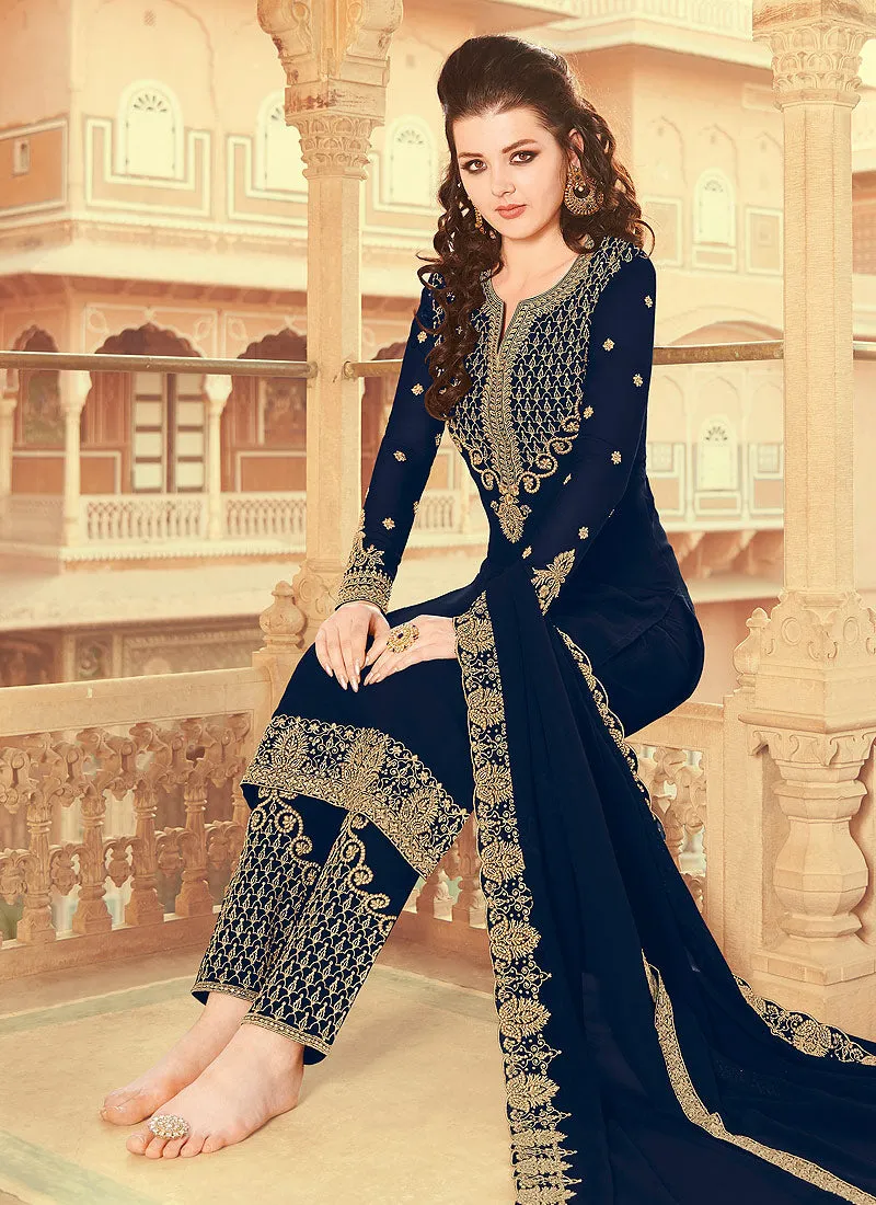 Blue Golden Embroidered Pant Style Suit