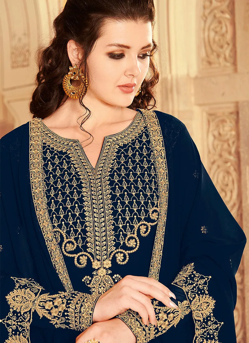 Blue Golden Embroidered Pant Style Suit