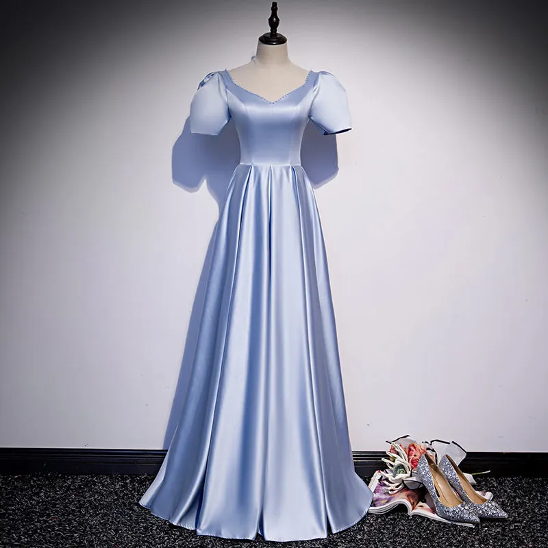 Blue Satin Beaded A-line Long Party Dress, Blue Prom Party Dresses Formal Dress