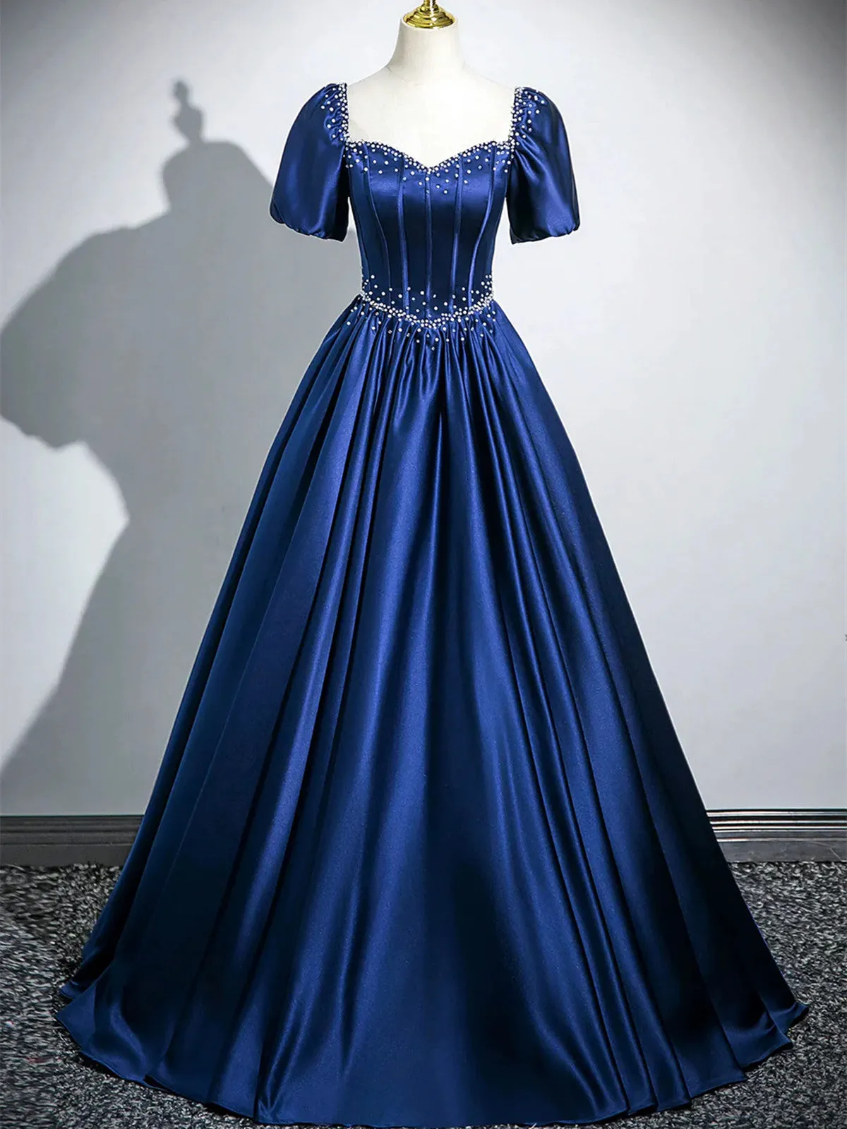 Blue Satin Beaded Short Sleeves Long Formal Dress, Blue Sweetheart Prom Dress