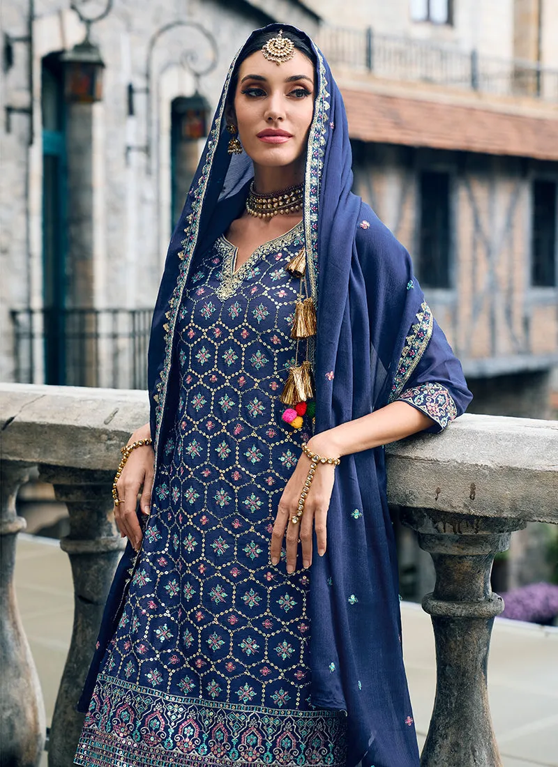 Blue Sequence Embroidery Festive Palazzo Suit