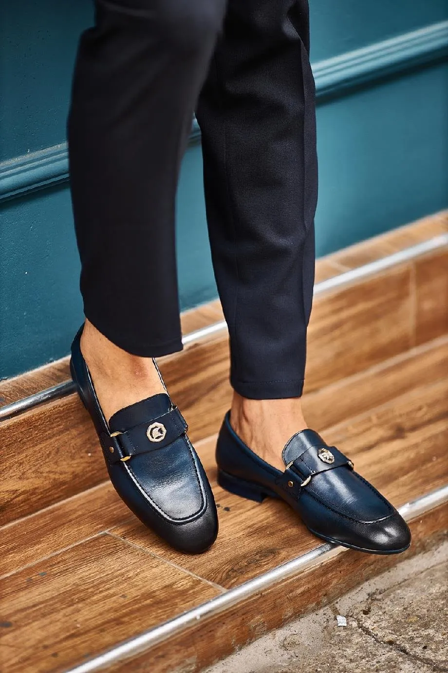 Blue Shaded Buckle Loafers
