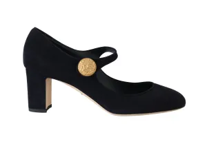 Blue Suede Gold Coin Mary Jane Pumps