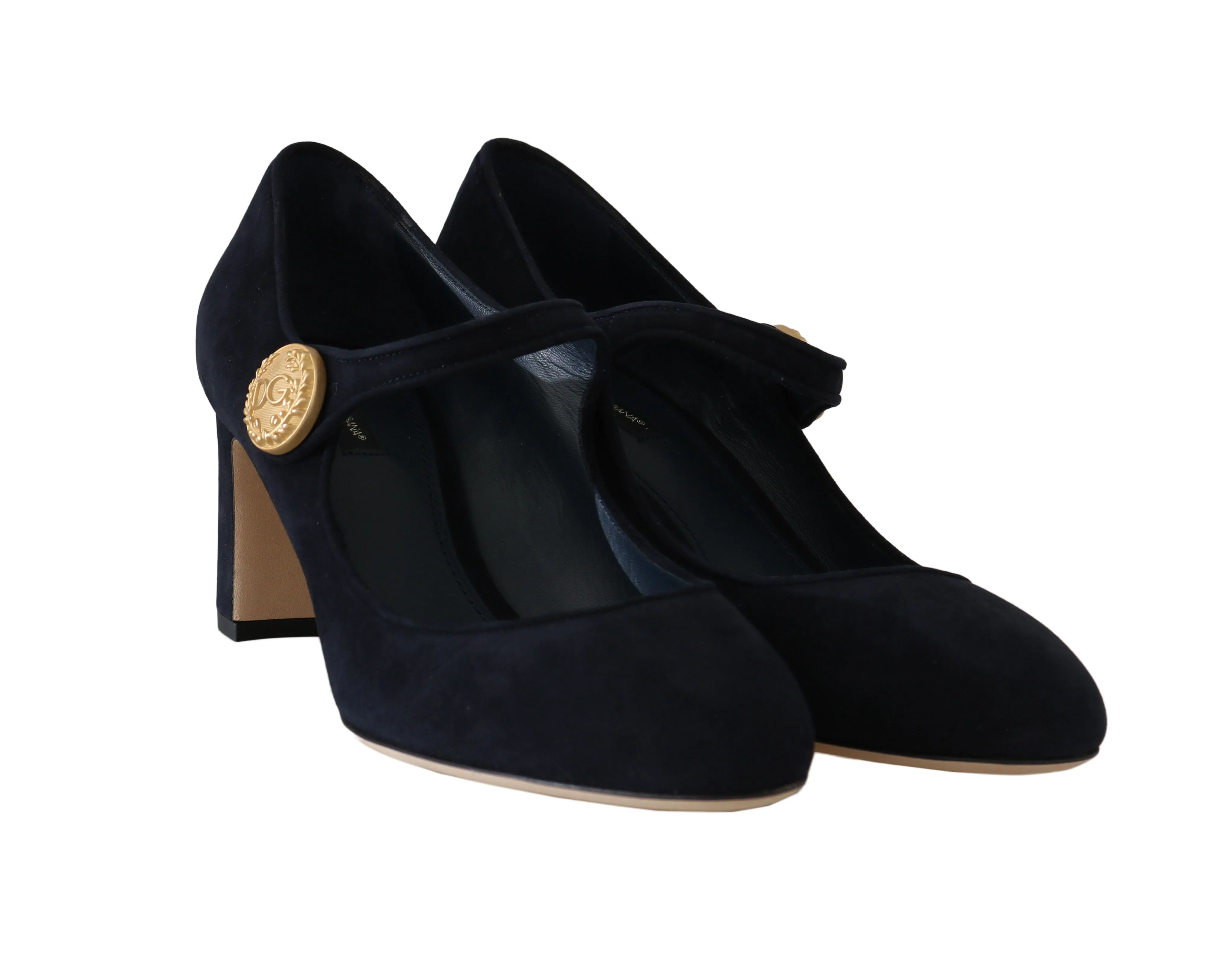 Blue Suede Gold Coin Mary Jane Pumps