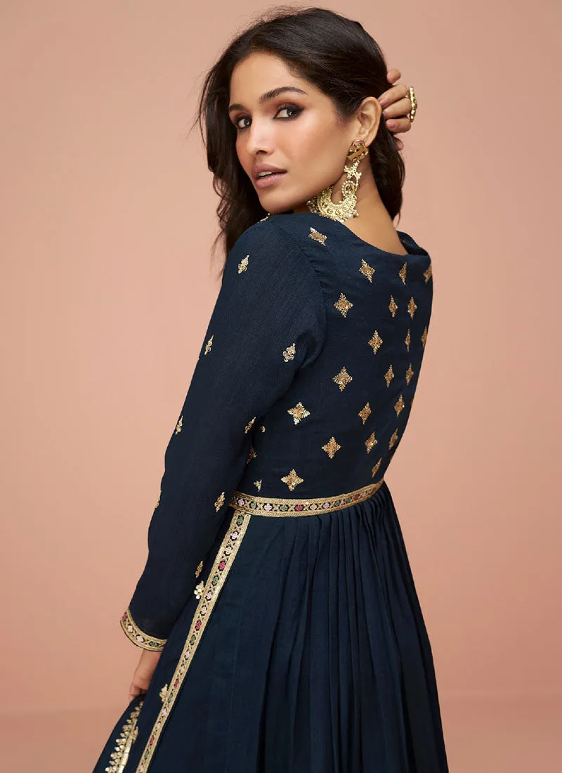 Blue Thread And Sequence Embroidery High Slit Palazzo Suit