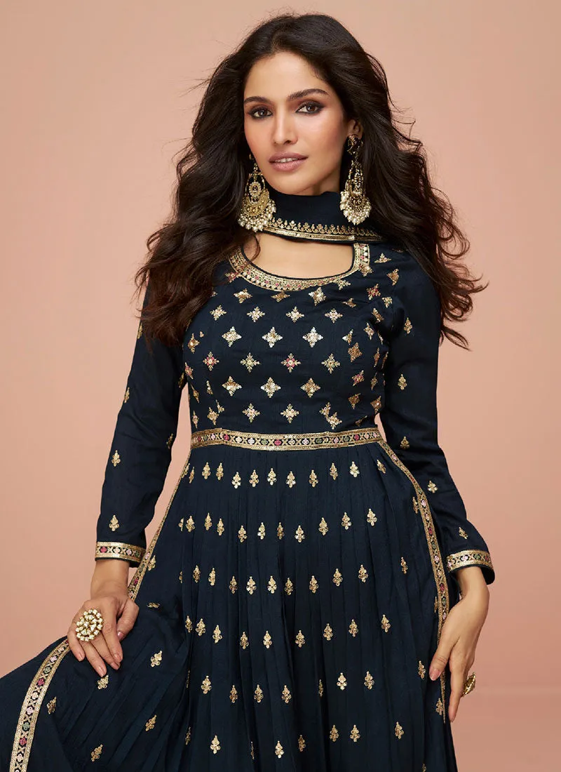 Blue Thread And Sequence Embroidery High Slit Palazzo Suit