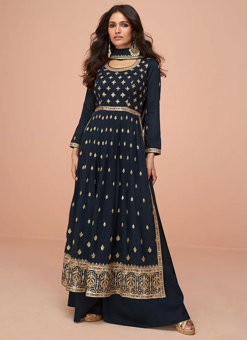 Blue Thread And Sequence Embroidery High Slit Palazzo Suit