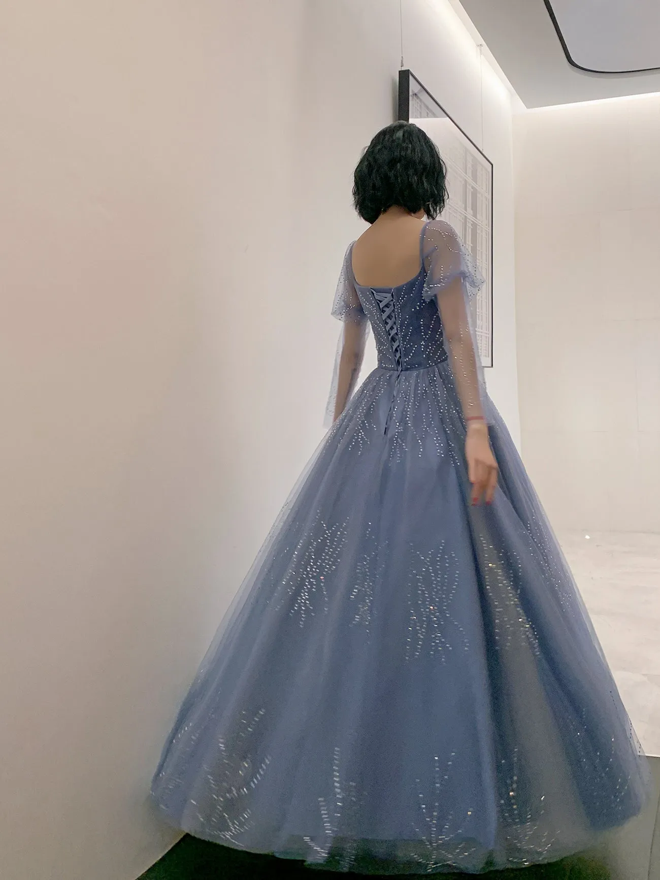 Blue Tulle Beaded Long Formal Dress Party Dress, Beautiful Blue Prom Dresses