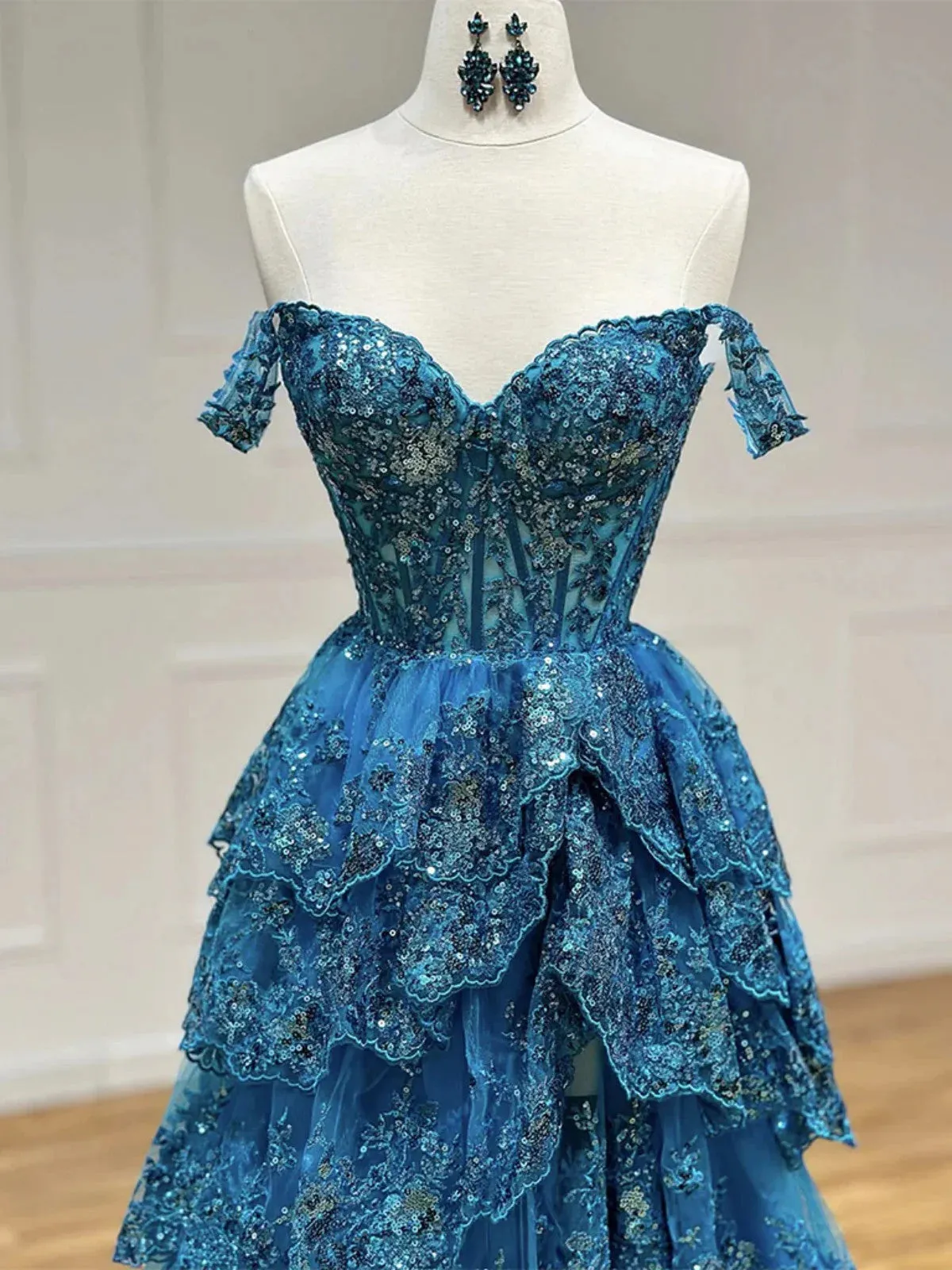 Blue Tulle Beaded with Lace Sweetheart Long Party Dress, Off Shoulder Blue Prom Dress