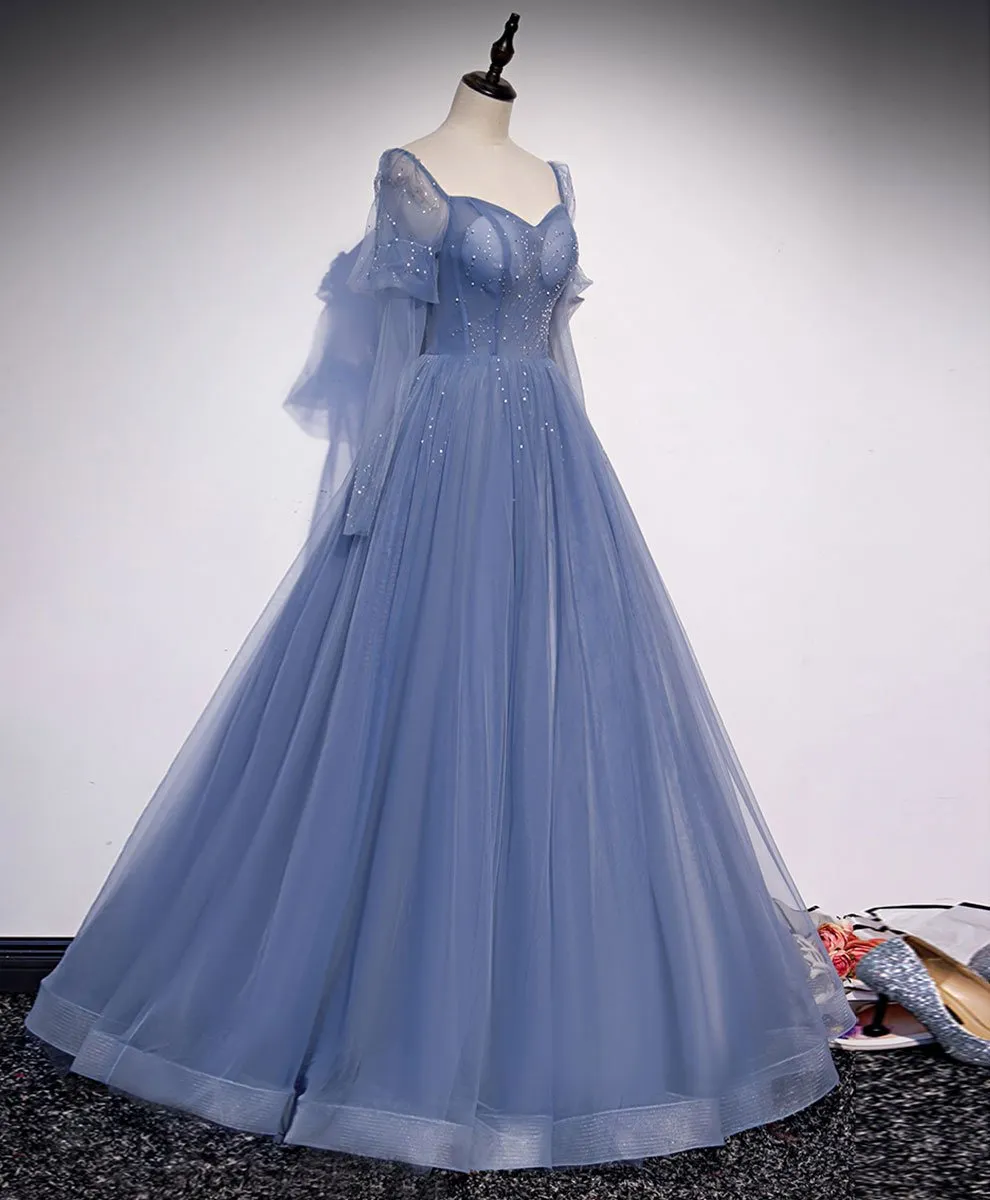 Blue Tulle Long Sleeves Beaded Princess Formal Dress, Blue Evening Gown