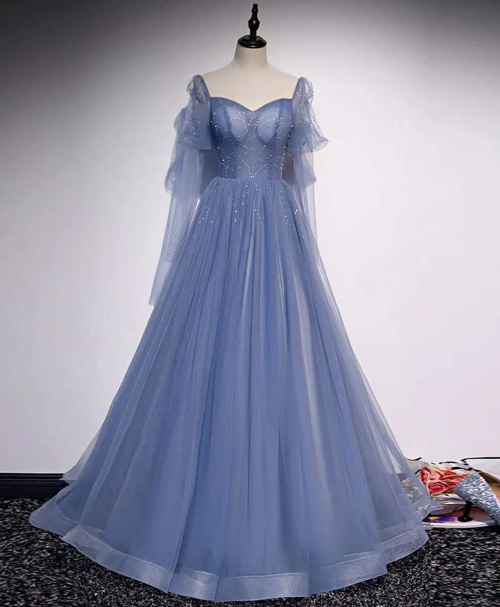Blue Tulle Long Sleeves Beaded Princess Formal Dress, Blue Evening Gown