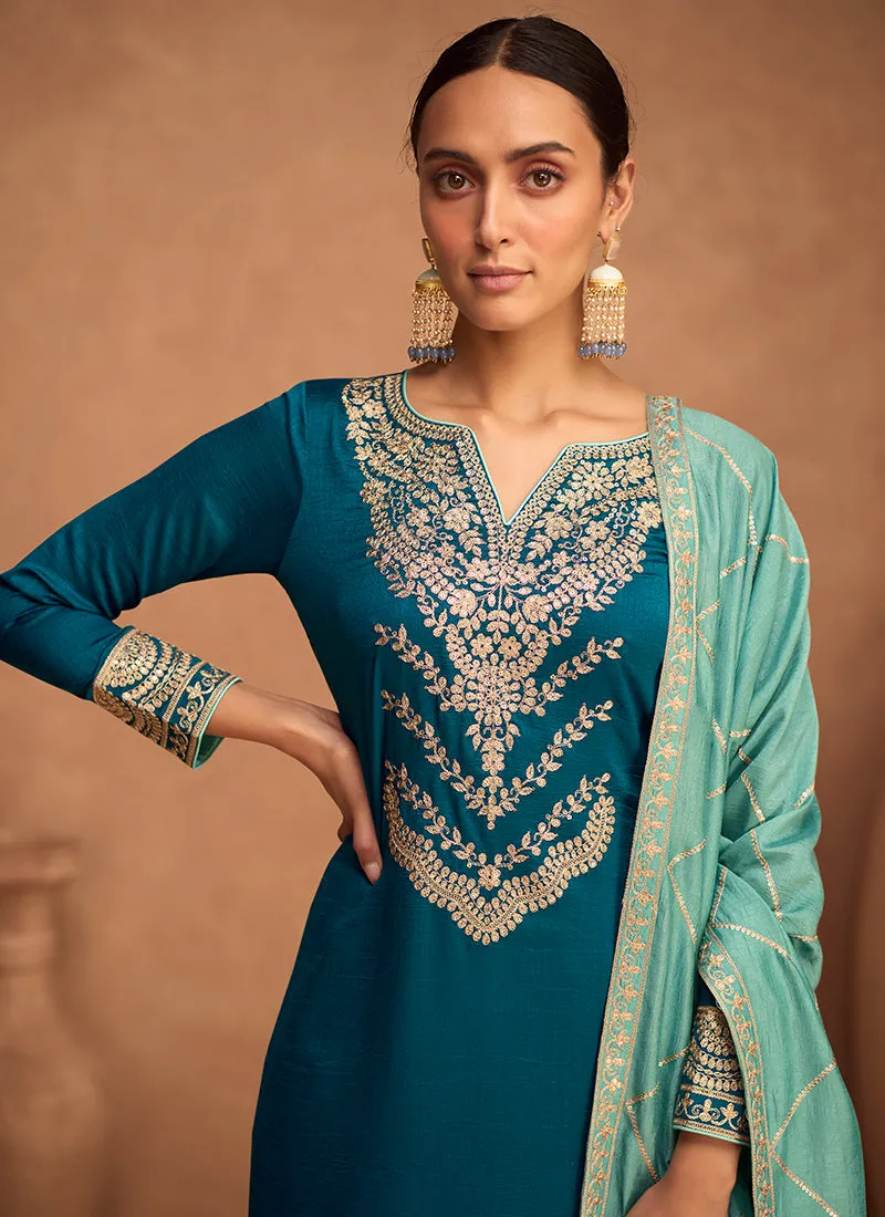Blue Two Tone Embroidery Silk Salwar Kameez