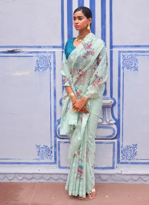 Blue Two Tone Schiffli Embroidery Floral Silk Saree