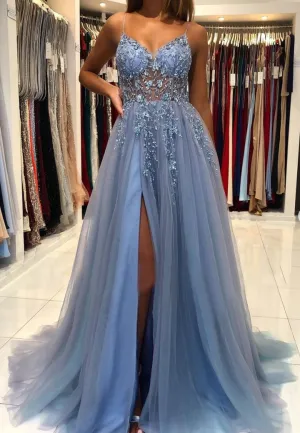 Blue V-Neck Tulle Long Prom Dress With Beads, Evening Dress YZ211072
