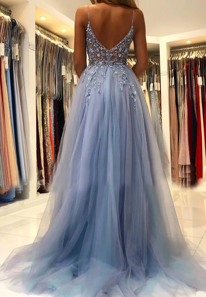 Blue V-Neck Tulle Long Prom Dress With Beads, Evening Dress YZ211072