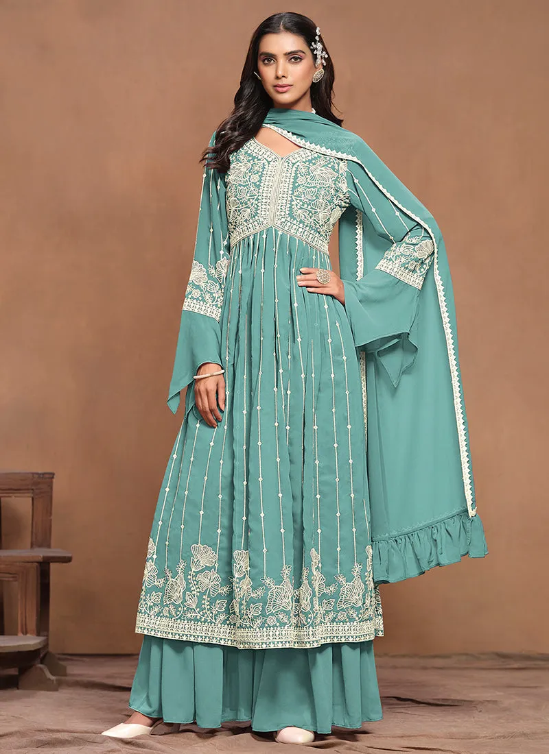 Blue White Embroidery Pleated Kurti Palazzo Suit