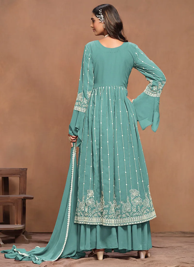 Blue White Embroidery Pleated Kurti Palazzo Suit