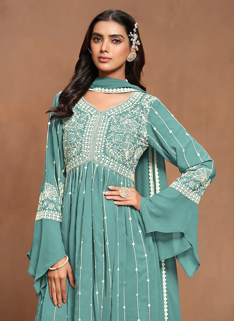 Blue White Embroidery Pleated Kurti Palazzo Suit