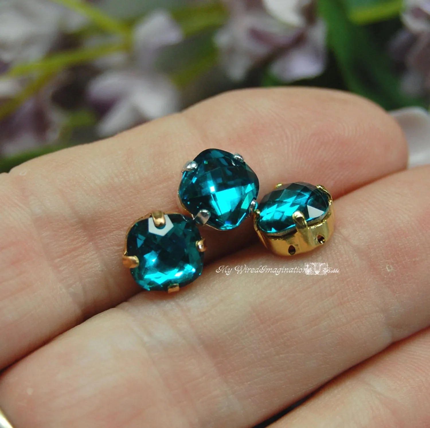 Blue Zircon, 8mm Vintage Swarovski Antique Checkerboard 4461 Cushion Cut with Setting