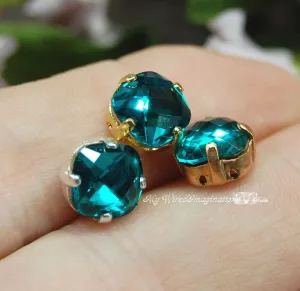 Blue Zircon, 8mm Vintage Swarovski Antique Checkerboard 4461 Cushion Cut with Setting