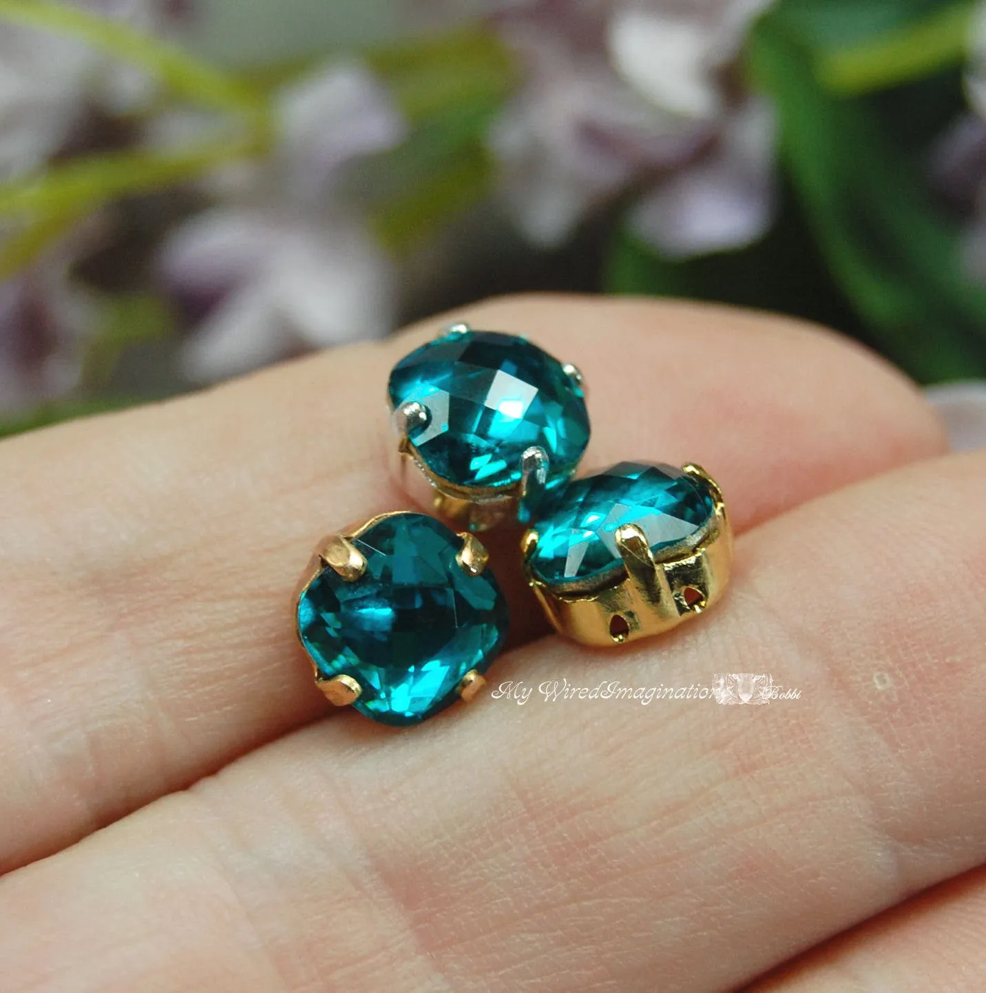 Blue Zircon, 8mm Vintage Swarovski Antique Checkerboard 4461 Cushion Cut with Setting