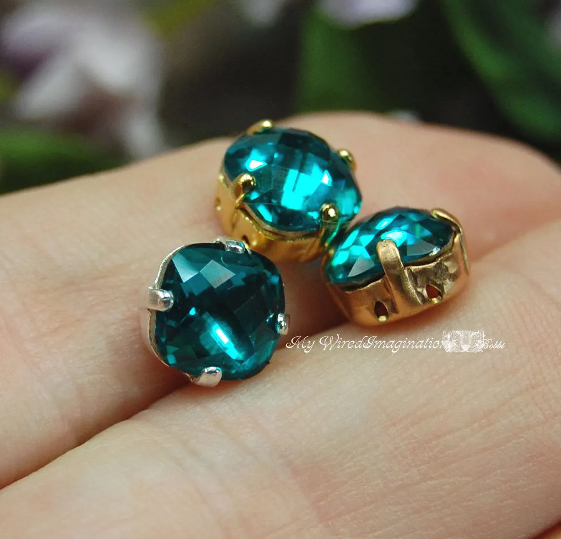 Blue Zircon, 8mm Vintage Swarovski Antique Checkerboard 4461 Cushion Cut with Setting