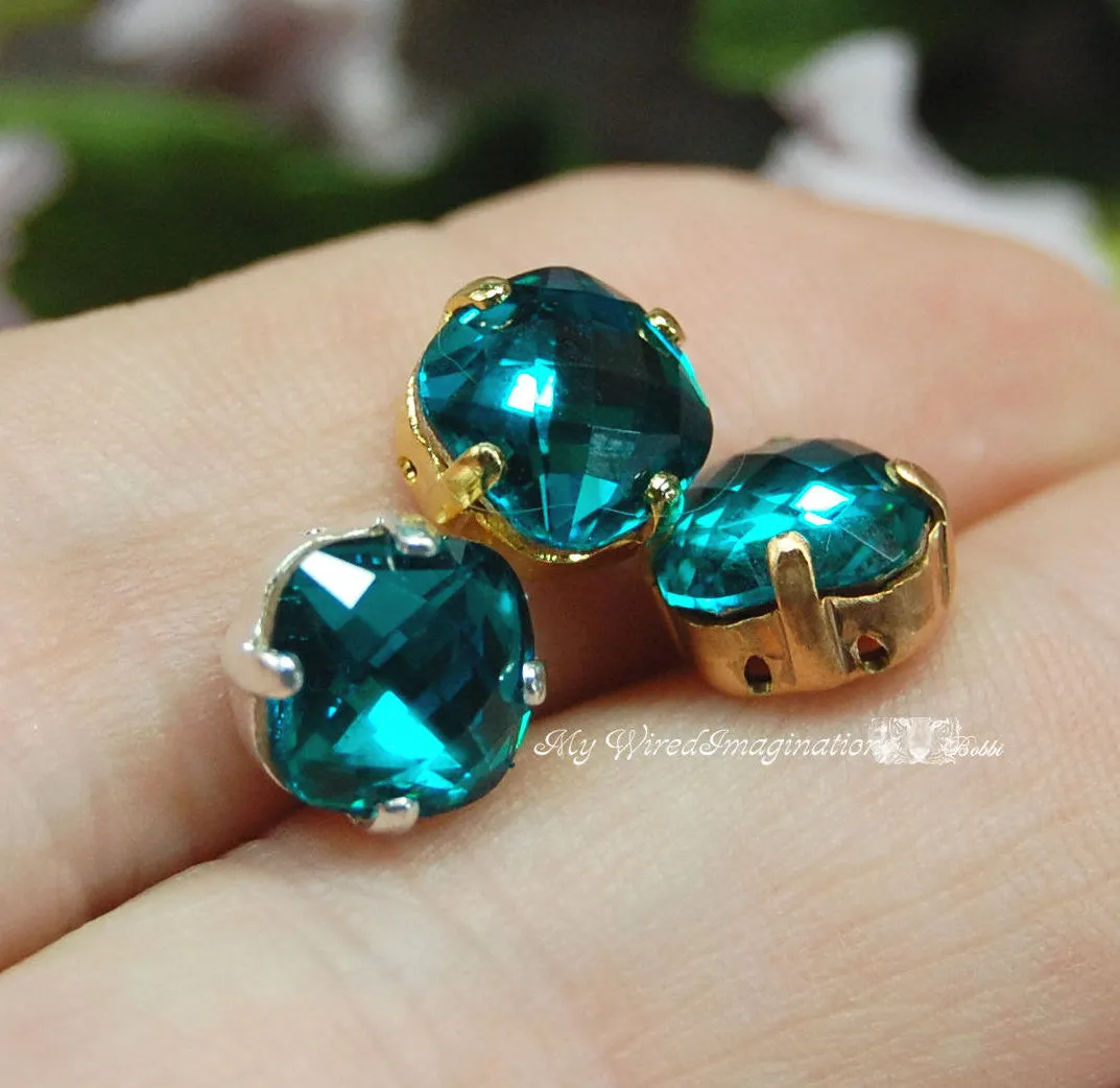 Blue Zircon, 8mm Vintage Swarovski Antique Checkerboard 4461 Cushion Cut with Setting
