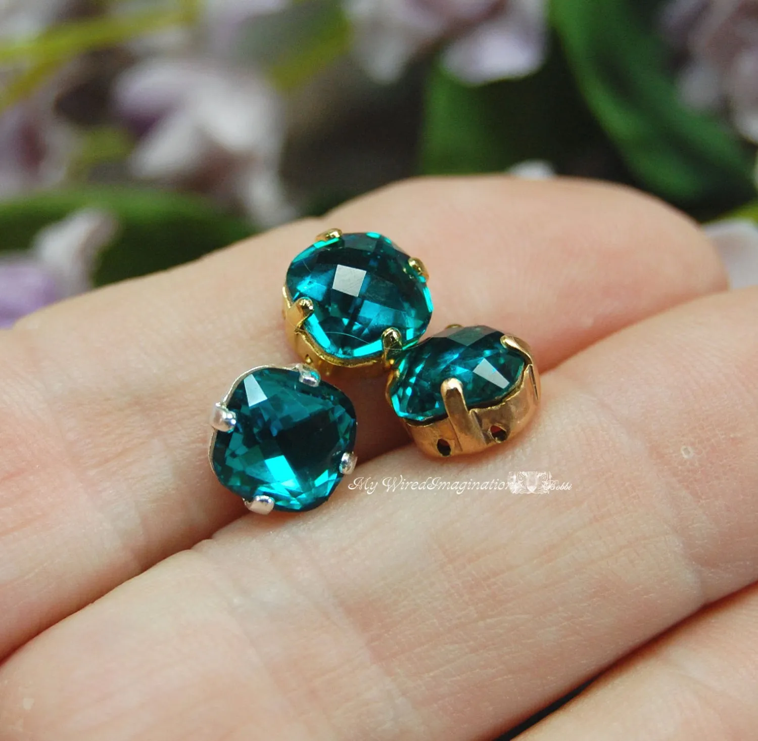 Blue Zircon, 8mm Vintage Swarovski Antique Checkerboard 4461 Cushion Cut with Setting