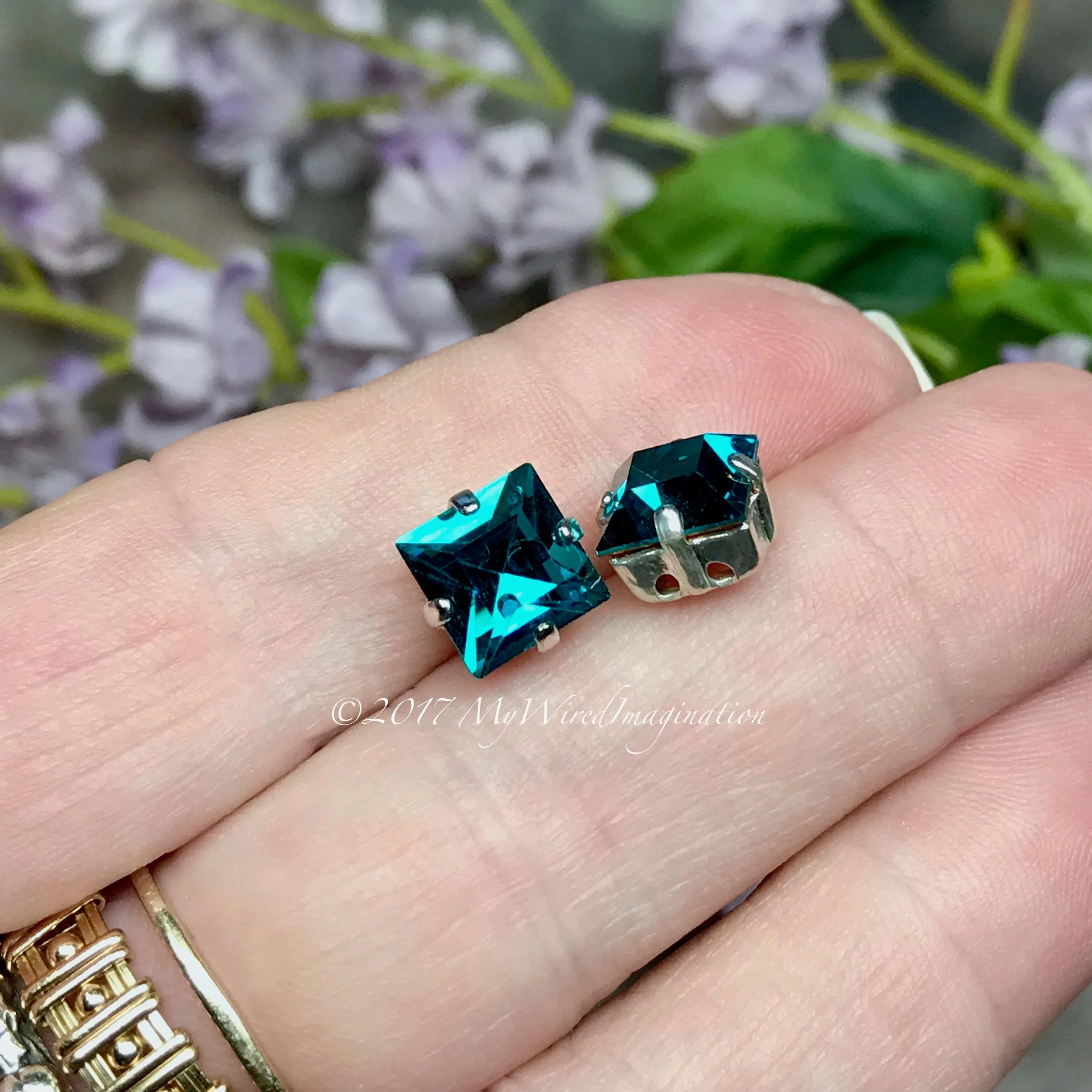 Blue Zircon Crystal, 8mm Square Vintage Swarovski, 2 Pieces  Art 4400 with Setting