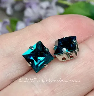 Blue Zircon Crystal, 8mm Square Vintage Swarovski, 2 Pieces  Art 4400 with Setting