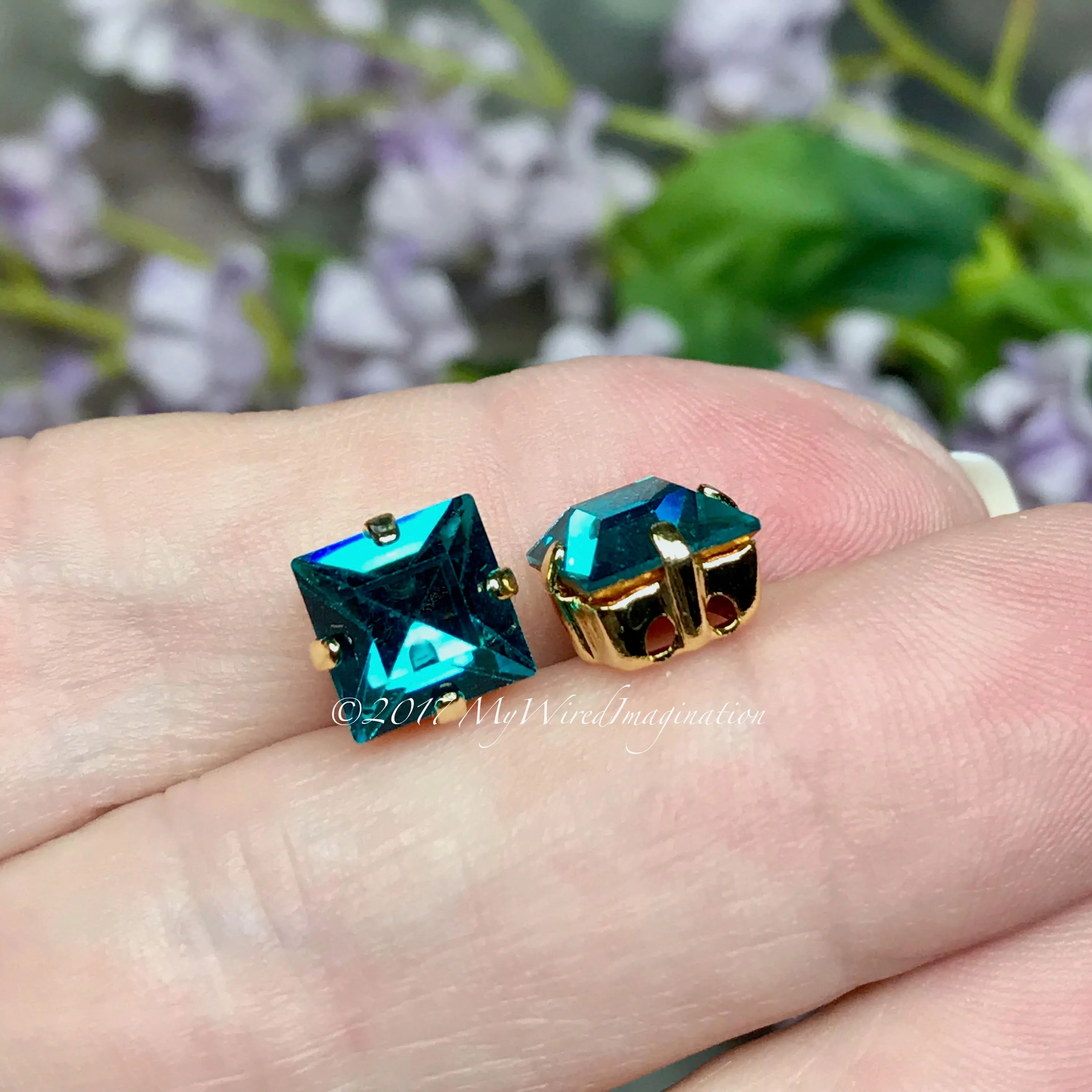 Blue Zircon Crystal, 8mm Square Vintage Swarovski, 2 Pieces  Art 4400 with Setting