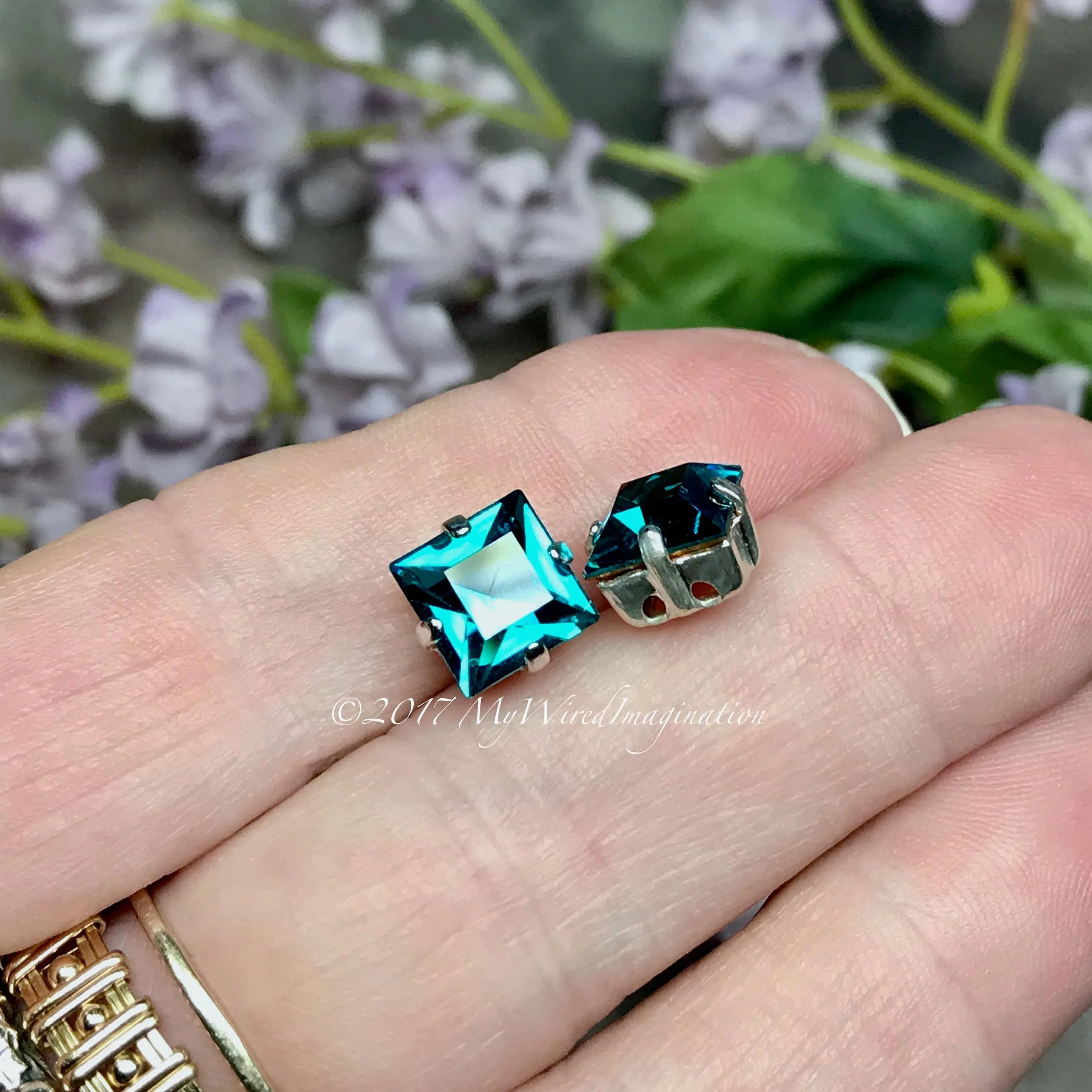 Blue Zircon Crystal, 8mm Square Vintage Swarovski, 2 Pieces  Art 4400 with Setting
