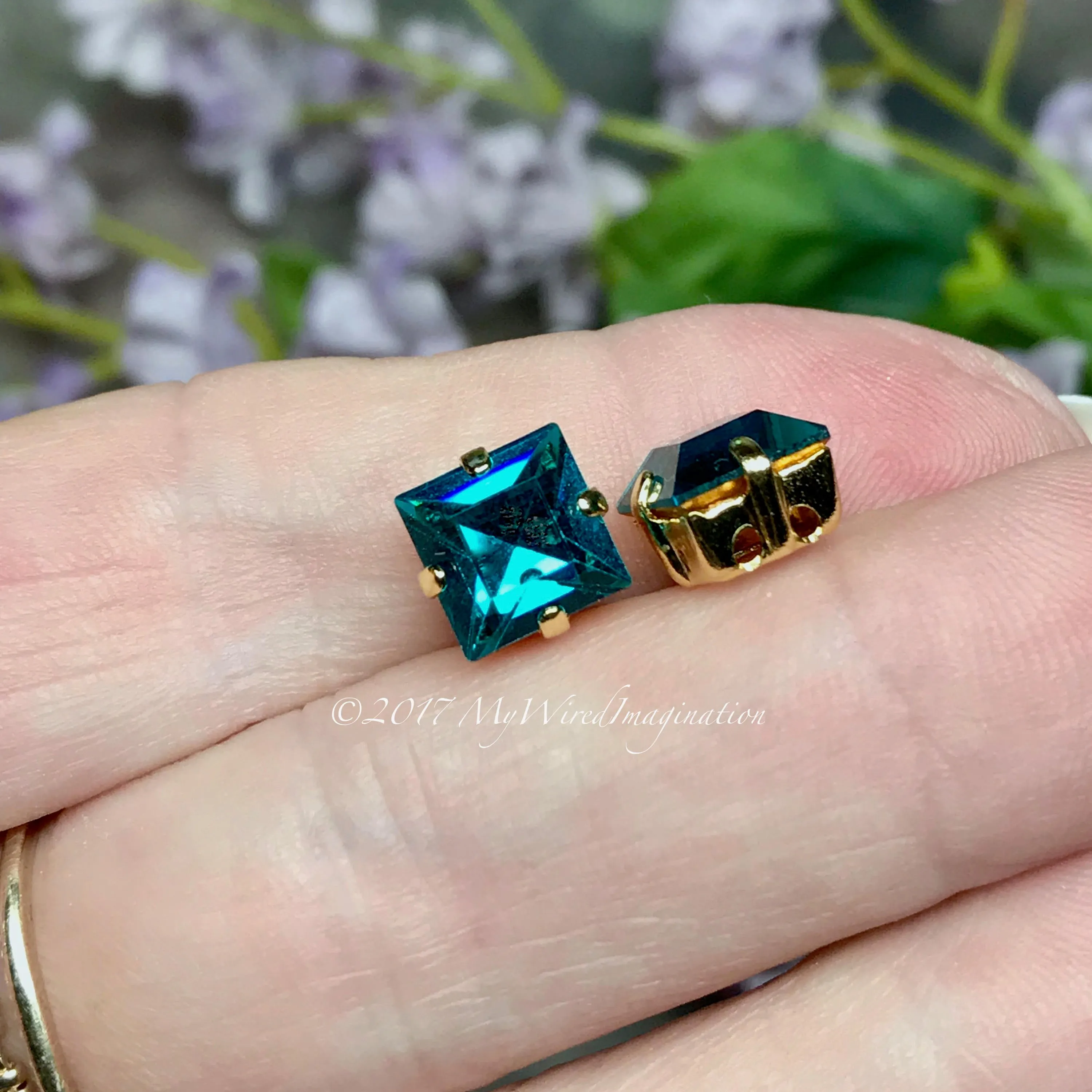 Blue Zircon Crystal, 8mm Square Vintage Swarovski, 2 Pieces  Art 4400 with Setting