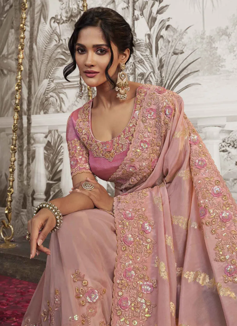 Blush Pink Golden Sequence Embroidery Wedding Saree