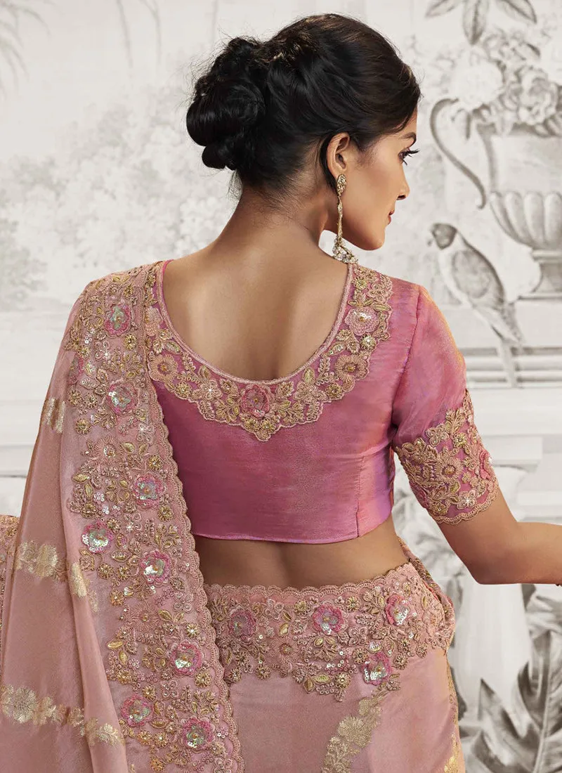 Blush Pink Golden Sequence Embroidery Wedding Saree