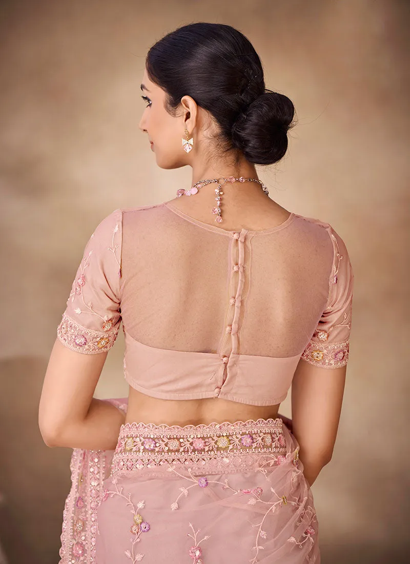 Blush Pink Sequence Embroidery Party Wear Saree