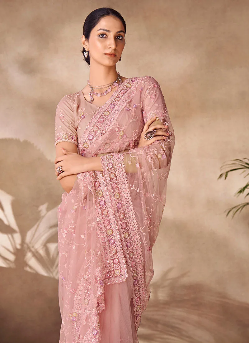 Blush Pink Sequence Embroidery Party Wear Saree