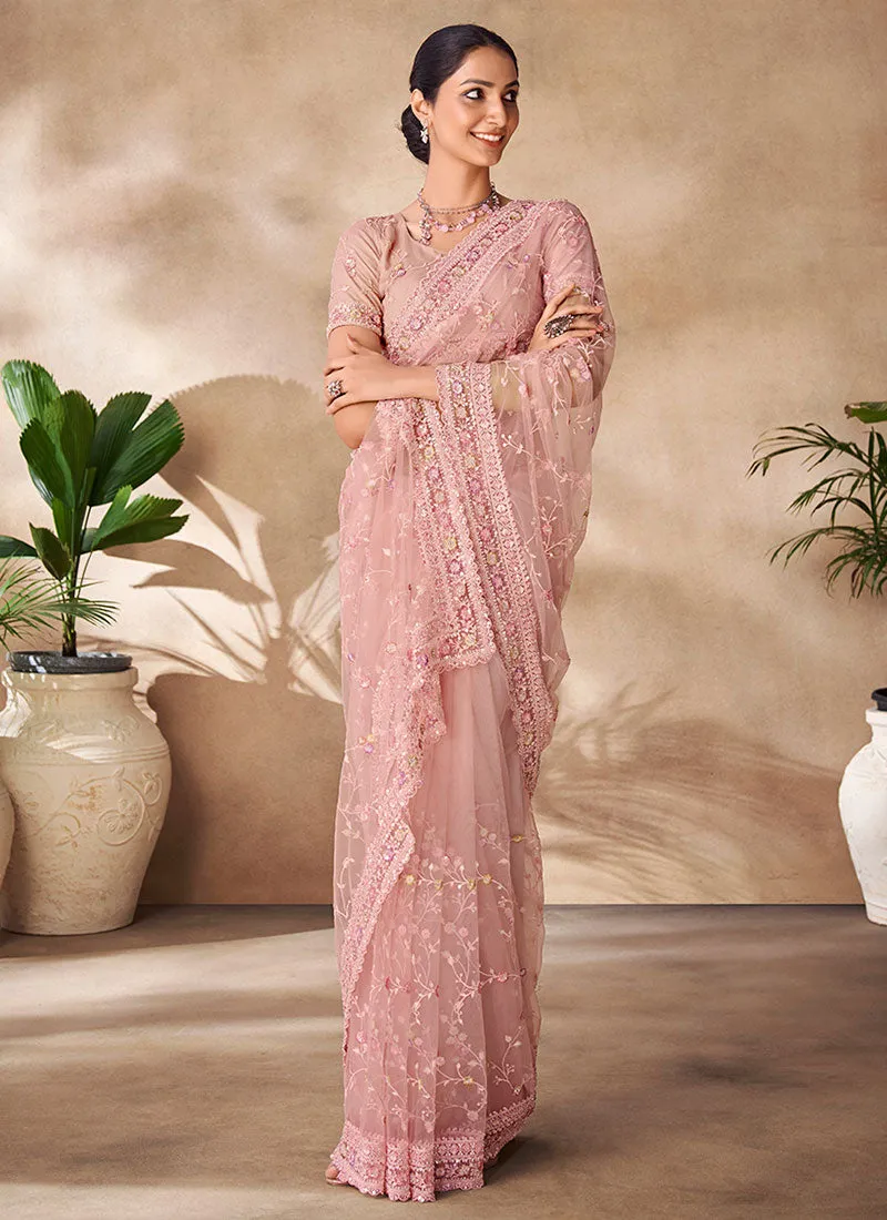 Blush Pink Sequence Embroidery Party Wear Saree