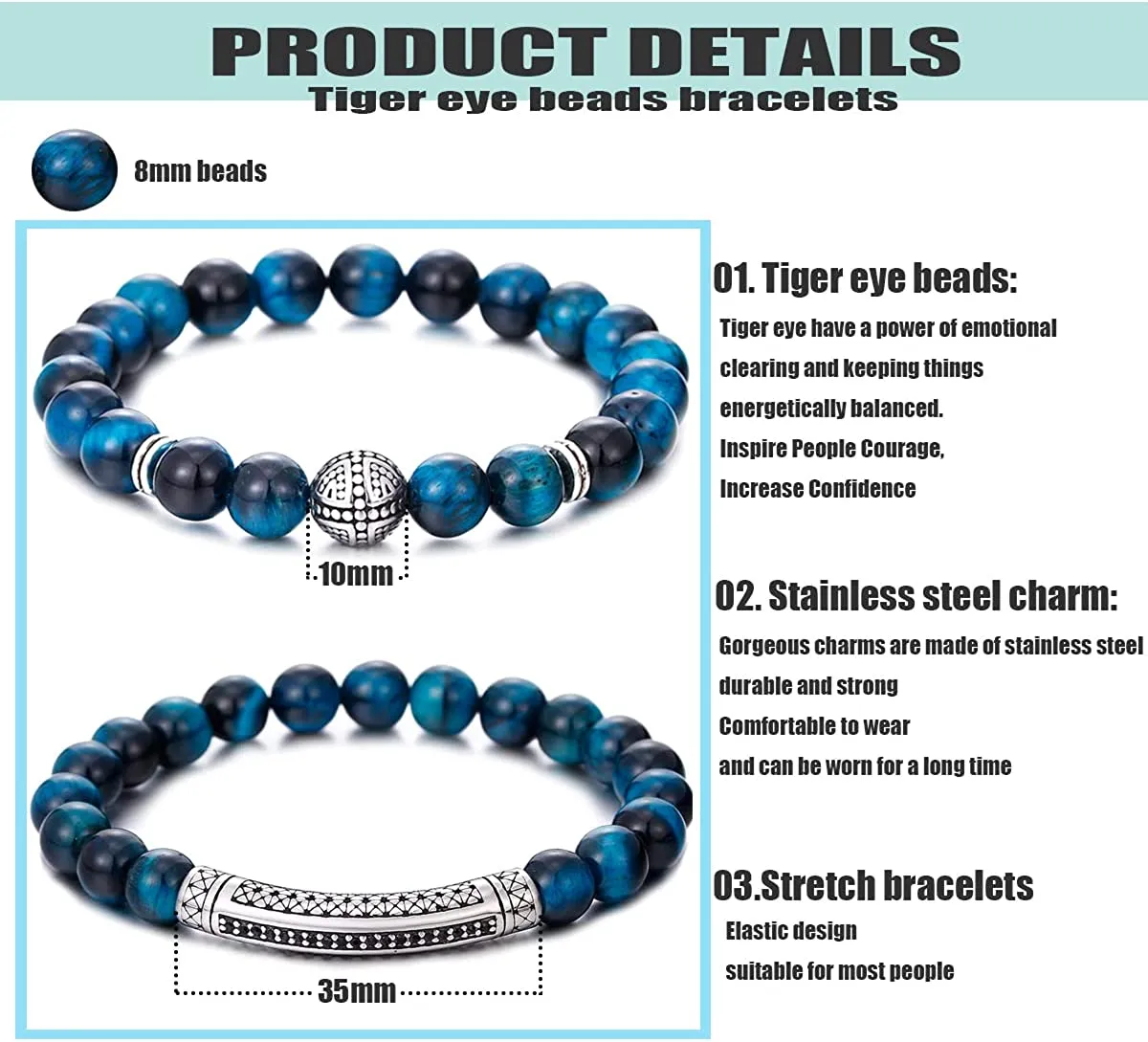 BOMAIL Men Women 8mm Tiger Eye Stone Beads Bracelet Elastic Natural Stone Yoga Bracelet Bangle Fashion Jewelry Gifts