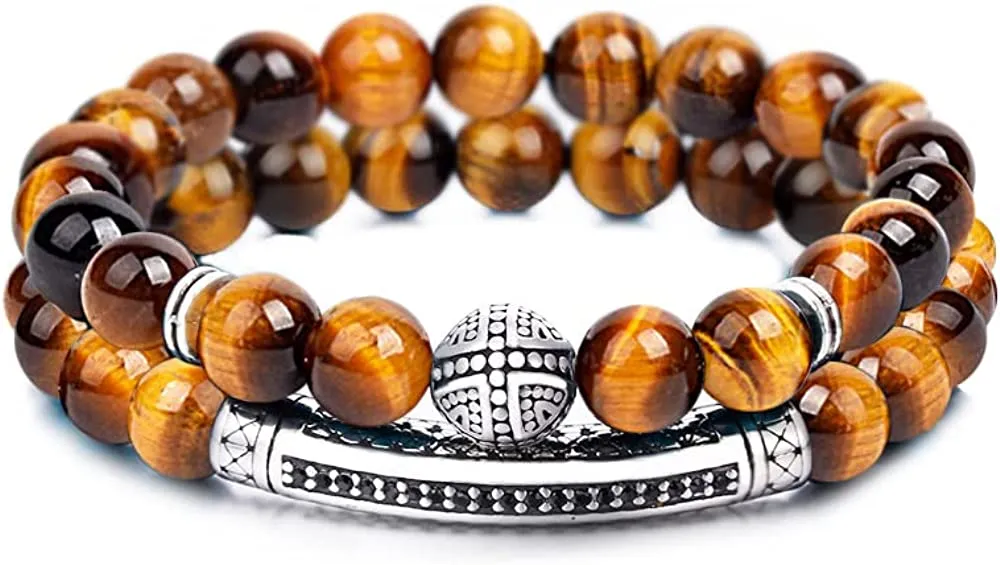 BOMAIL Men Women 8mm Tiger Eye Stone Beads Bracelet Elastic Natural Stone Yoga Bracelet Bangle Fashion Jewelry Gifts