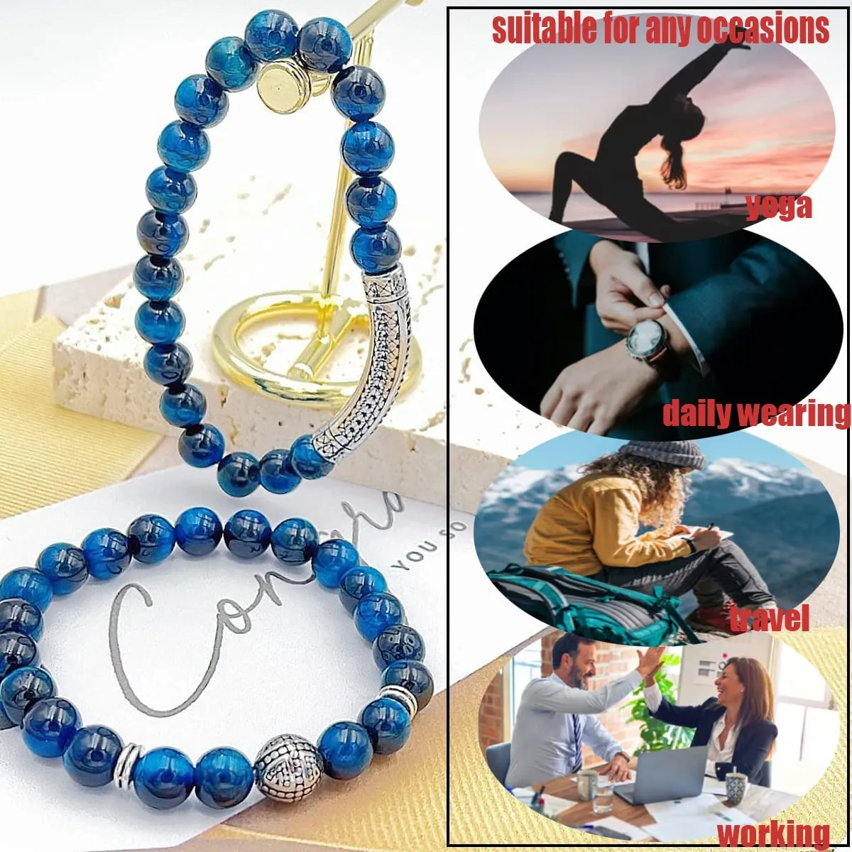 BOMAIL Men Women 8mm Tiger Eye Stone Beads Bracelet Elastic Natural Stone Yoga Bracelet Bangle Fashion Jewelry Gifts