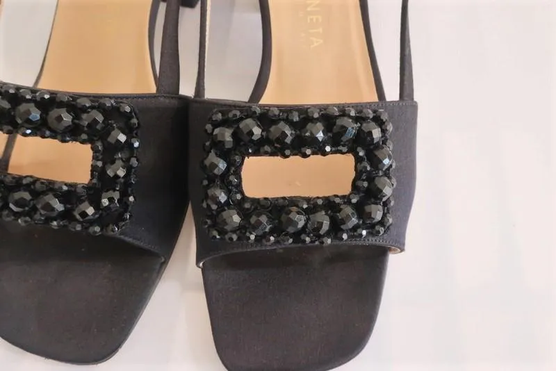 Bottega Veneta Slingback Sandals Black Beaded Satin Size 6.5 Open Toe Heel