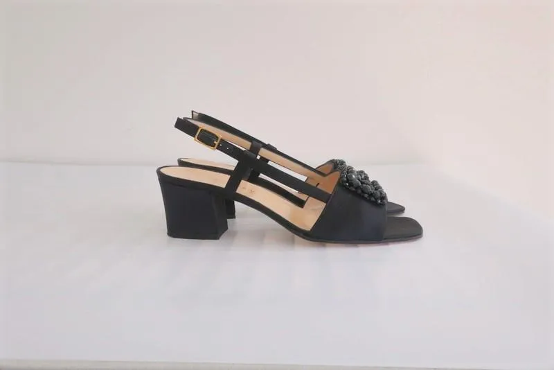 Bottega Veneta Slingback Sandals Black Beaded Satin Size 6.5 Open Toe Heel