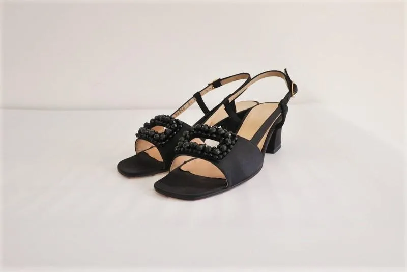Bottega Veneta Slingback Sandals Black Beaded Satin Size 6.5 Open Toe Heel