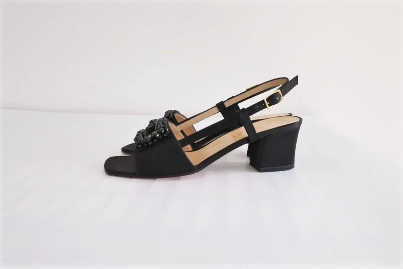 Bottega Veneta Slingback Sandals Black Beaded Satin Size 6.5 Open Toe Heel